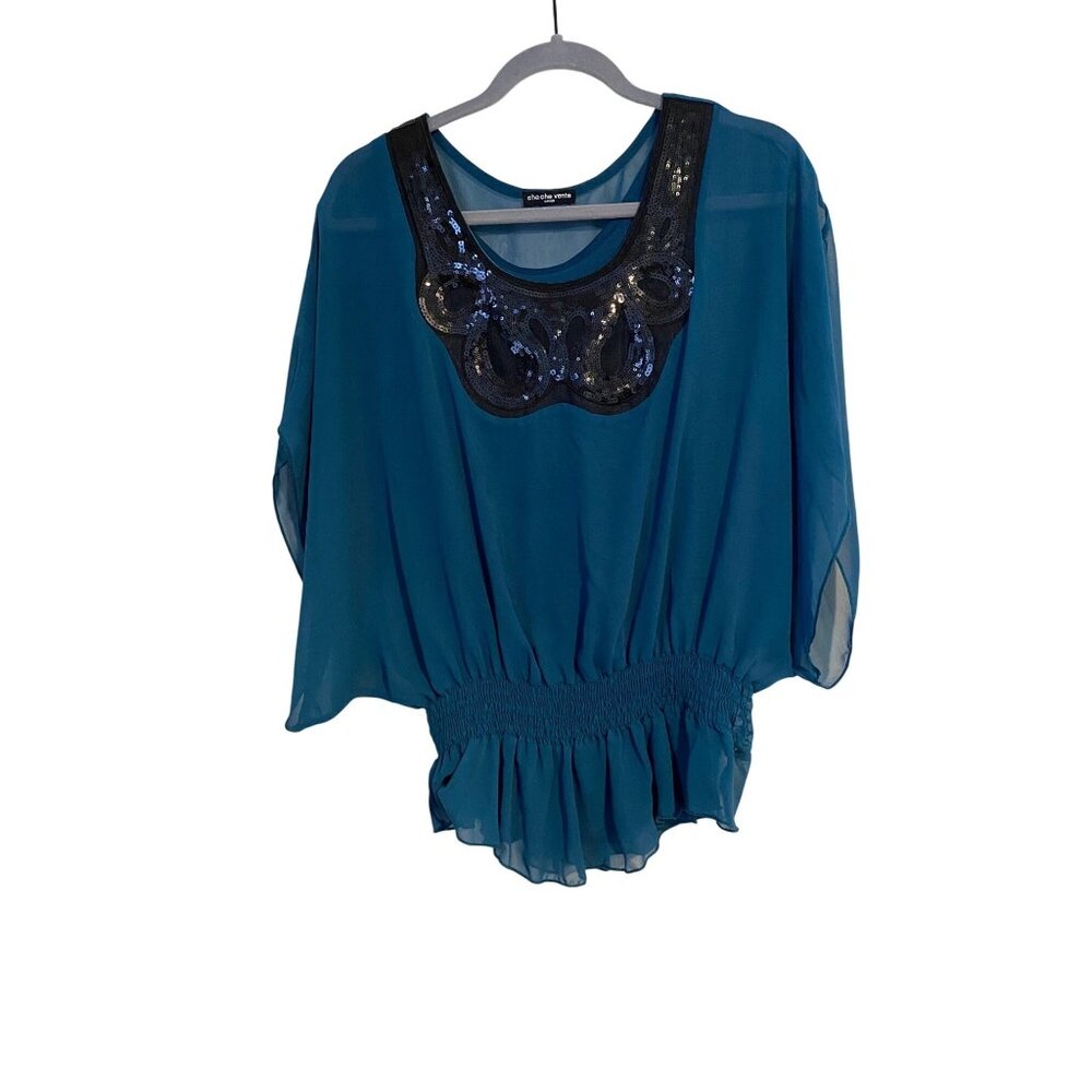 Chacha Vente Women’s S Teal Top With Shell Black Sequin Detail 2-piece Flowy Fit
